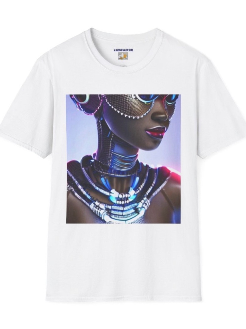 The art of Al Blue amplifies this White Graphic Tee with Vibrant Neon Portrait